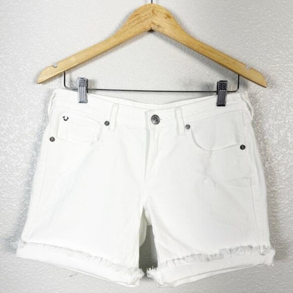 True Religion Womens Emma Bermuda Denim Frayed Low Rise Jean Shorts White 26
